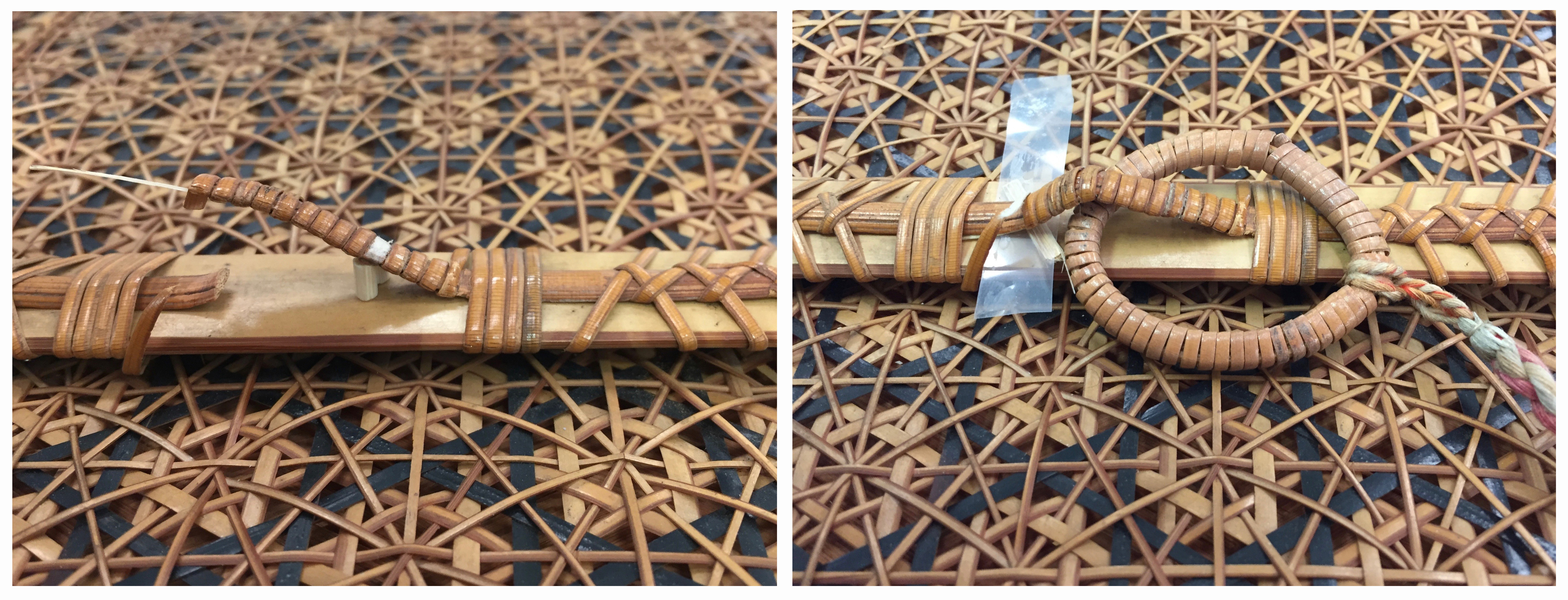 Left: Broken loop realigned using a splint, on background of woven hexagonal pattern. Right: Bamboo ring on end of silk tie attached through bamboo loop with strip of Japanese tissue visible to repair break in outer bamboo wrapping, on background of woven hexagonal pattern.